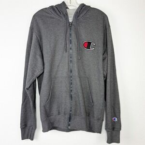 Champion Mens Full Zip Hoodie Charcoal Heather Gray Big Logo GF91H Size M